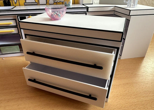 Mini Möbel, Unterschrank mit 2 Schubladen passend für Miniverse, Puppenstuben & Co